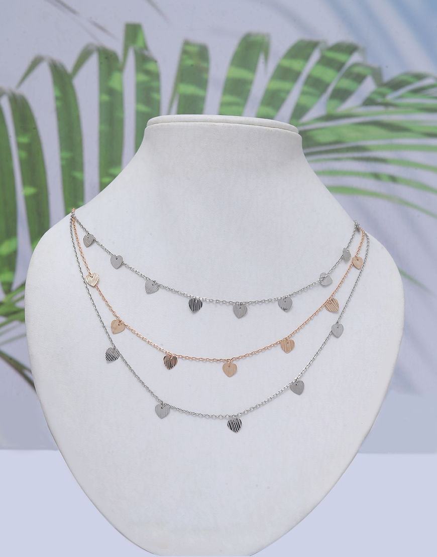 Silver 3-line Charm Layered Necklace (Hearts)