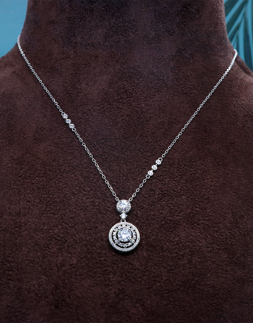 Silver CZ Round Solitaire  Necklace