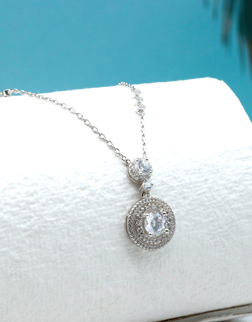 Silver CZ Round Solitaire  Necklace