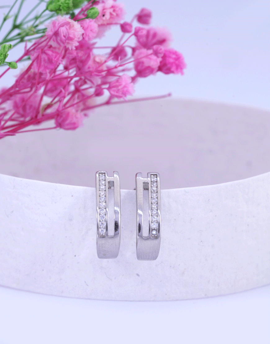 Silver Half-Hoop Earrings (1 CZ Line)