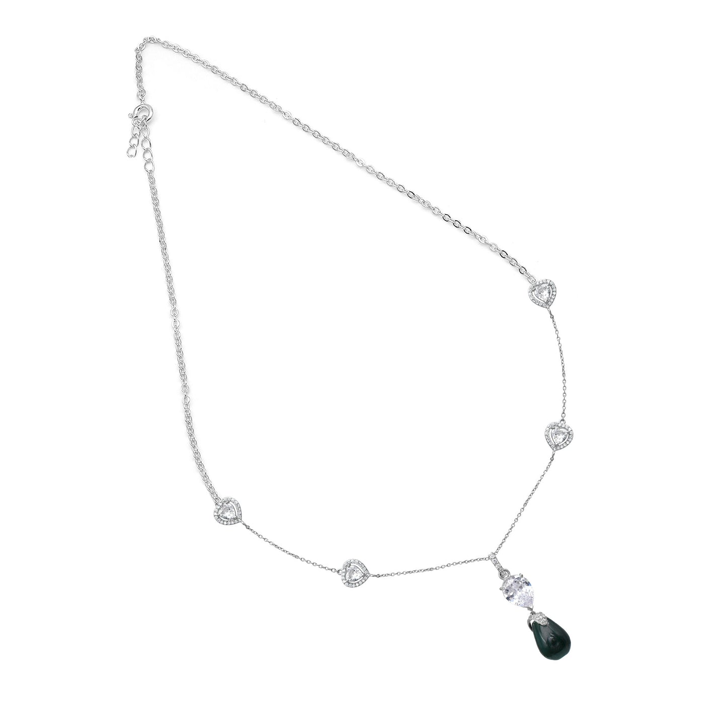 Silver Hearts Green Drop  Necklace