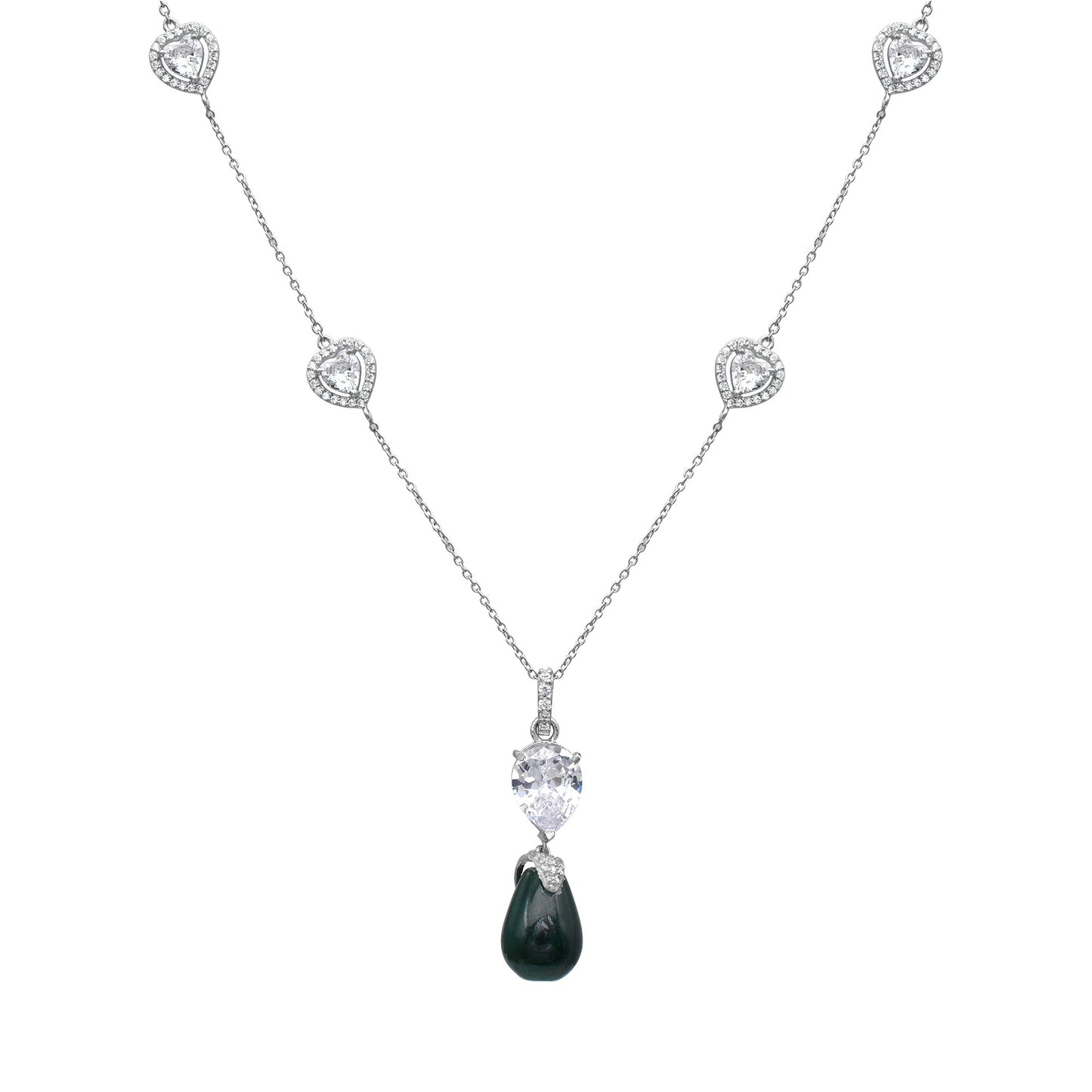 Silver Hearts Green Drop  Necklace