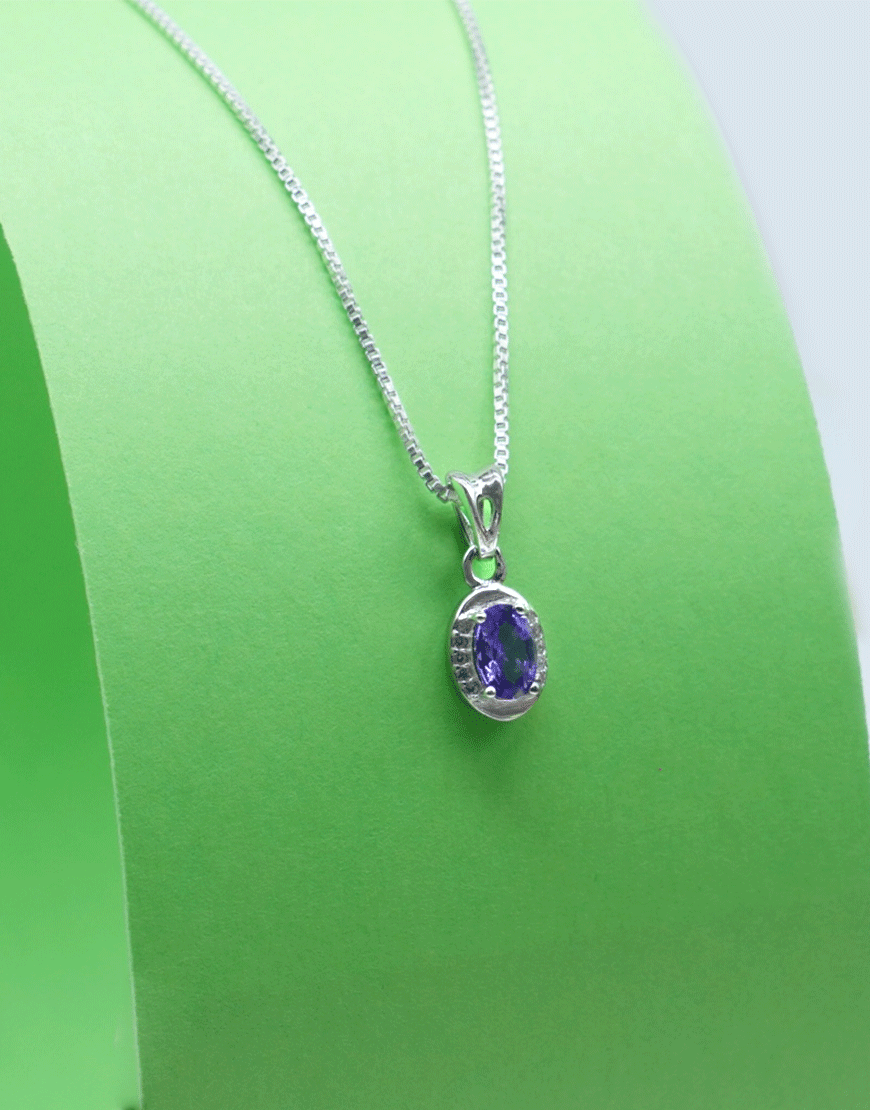 Silver Mini CZ Oval Pendant (Purple)