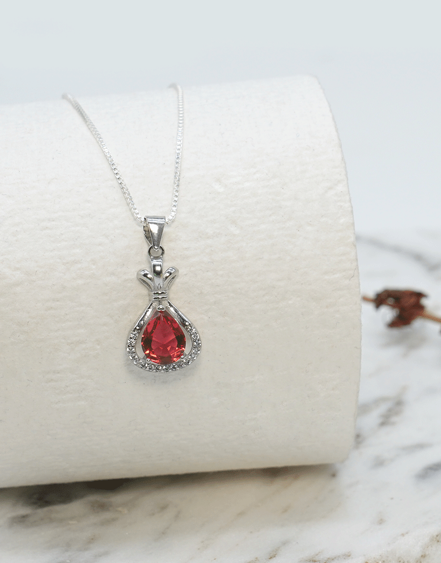 Silver Pear Coloured CZ Pendant (Red)