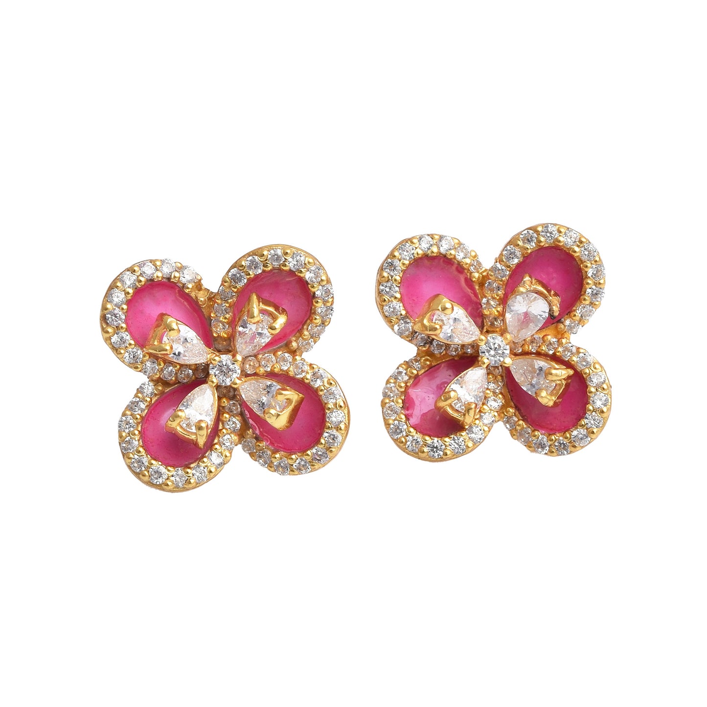 Silver Pink Floral Studs