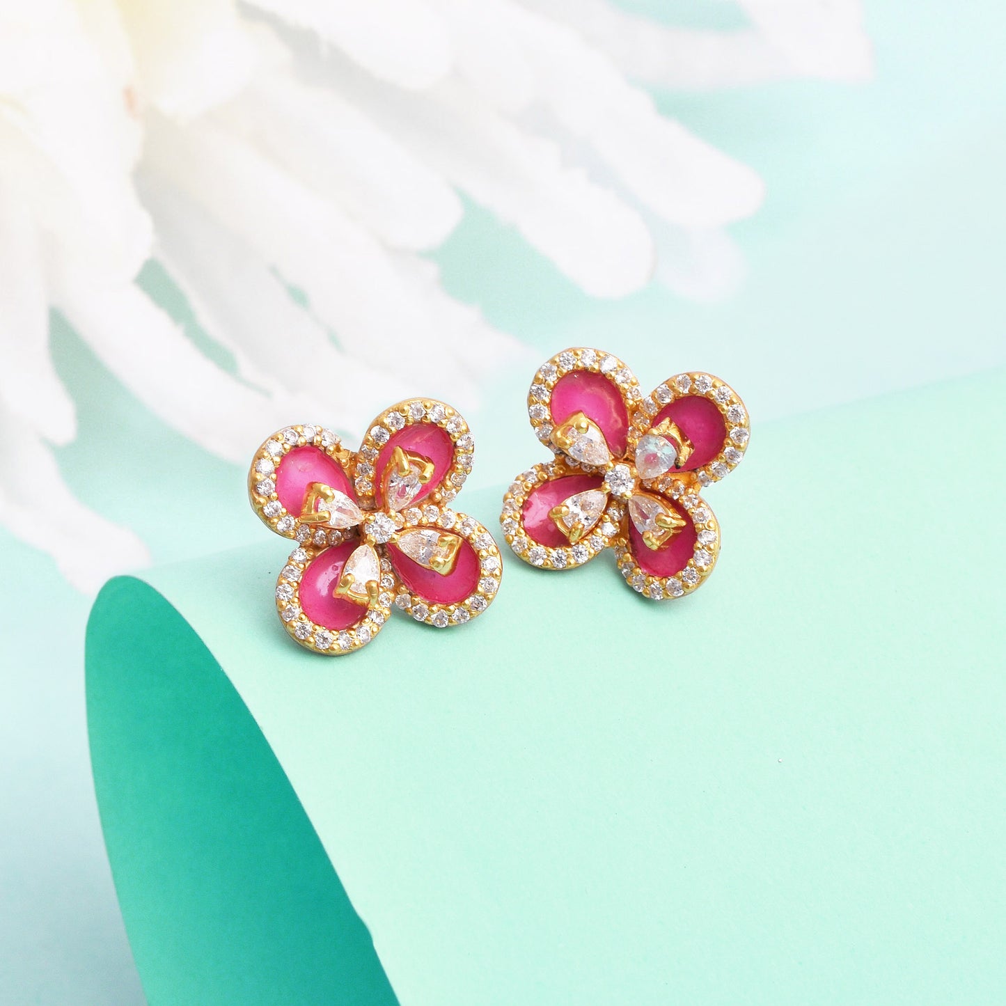 Silver Pink Floral Studs