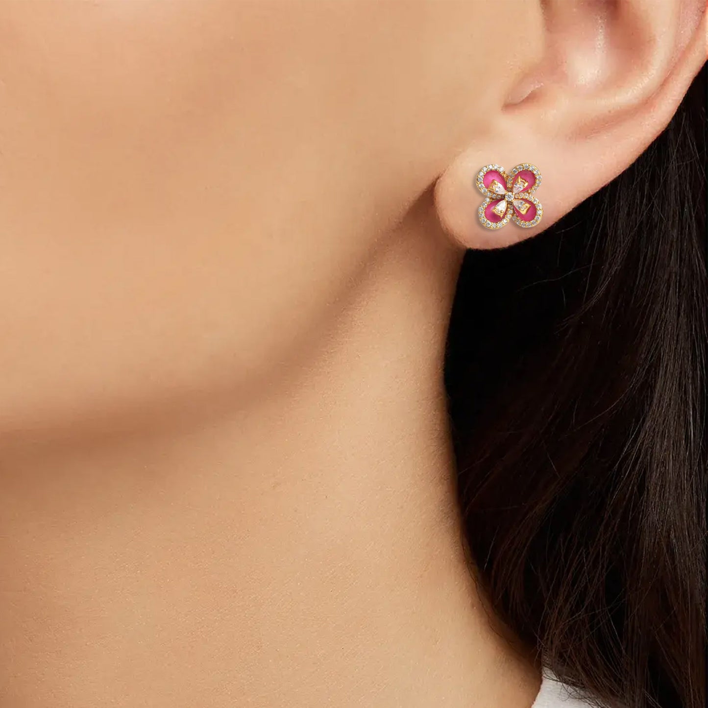 Silver Pink Floral Studs