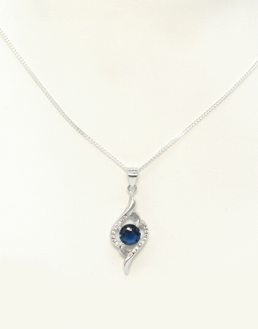 Silver Round Coloured CZ Pendant (Blue)