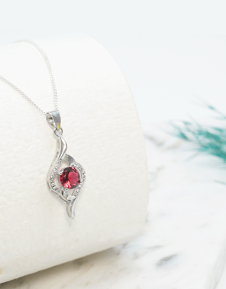 Silver Round Coloured CZ Pendant (Red)